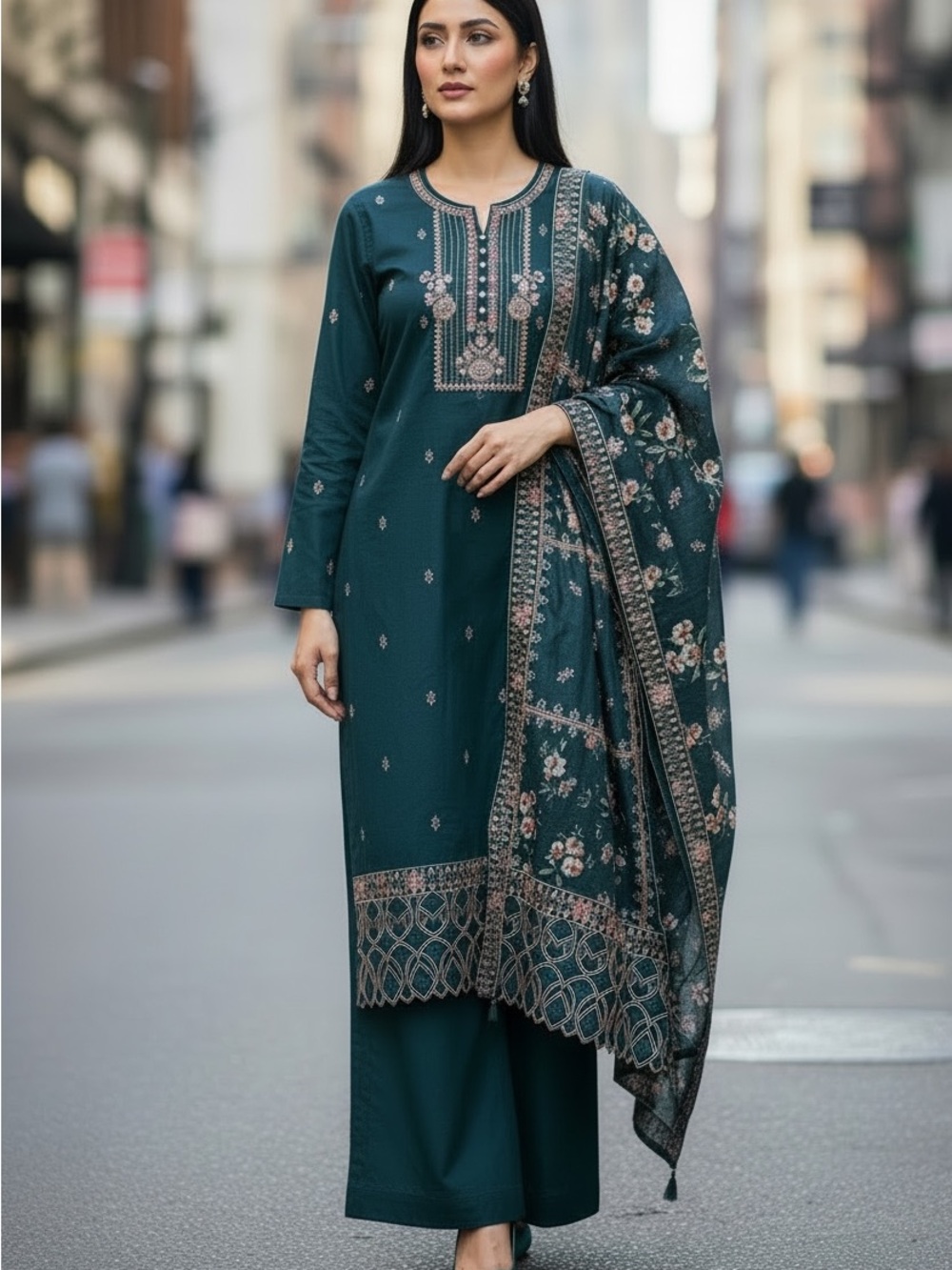 Elegant dark Teal Embroidered Women's Kurta Set - Teal
